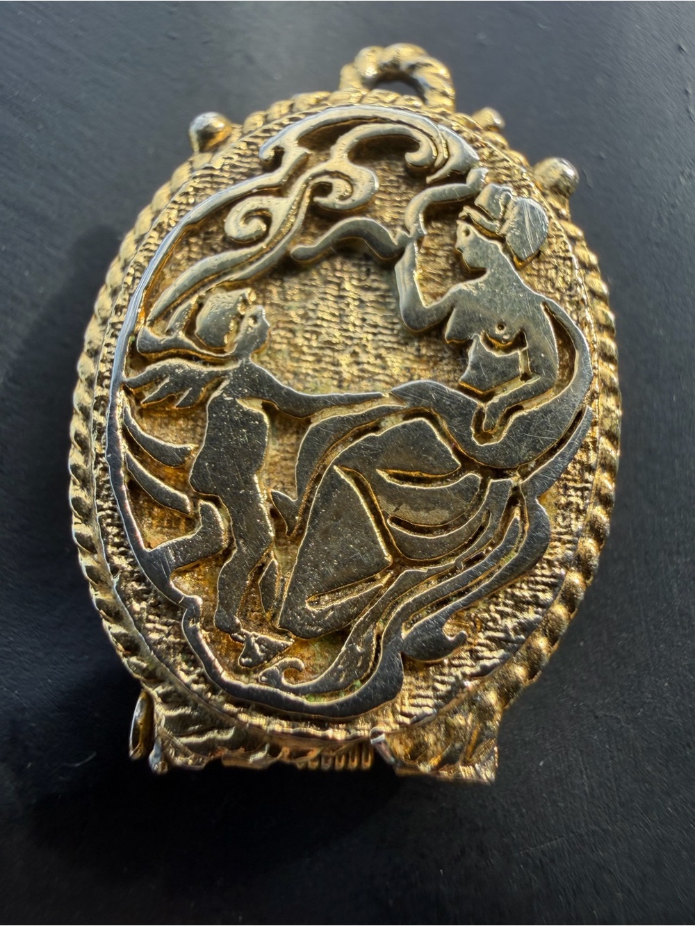 Vintage Gold Tone Figural Couple Pill Box Pendant Ornate Hinged Locket